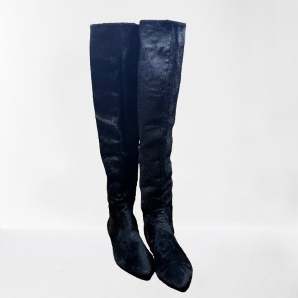 Leon Max Women's Black Pony Hair Leather Over The Knee Boots Pointed Toe Sz 5.5M
